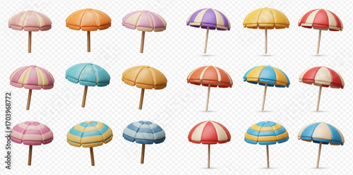Collection of fifteen stylized beach umbrellas in various colors and striped patterns on a transparent background.