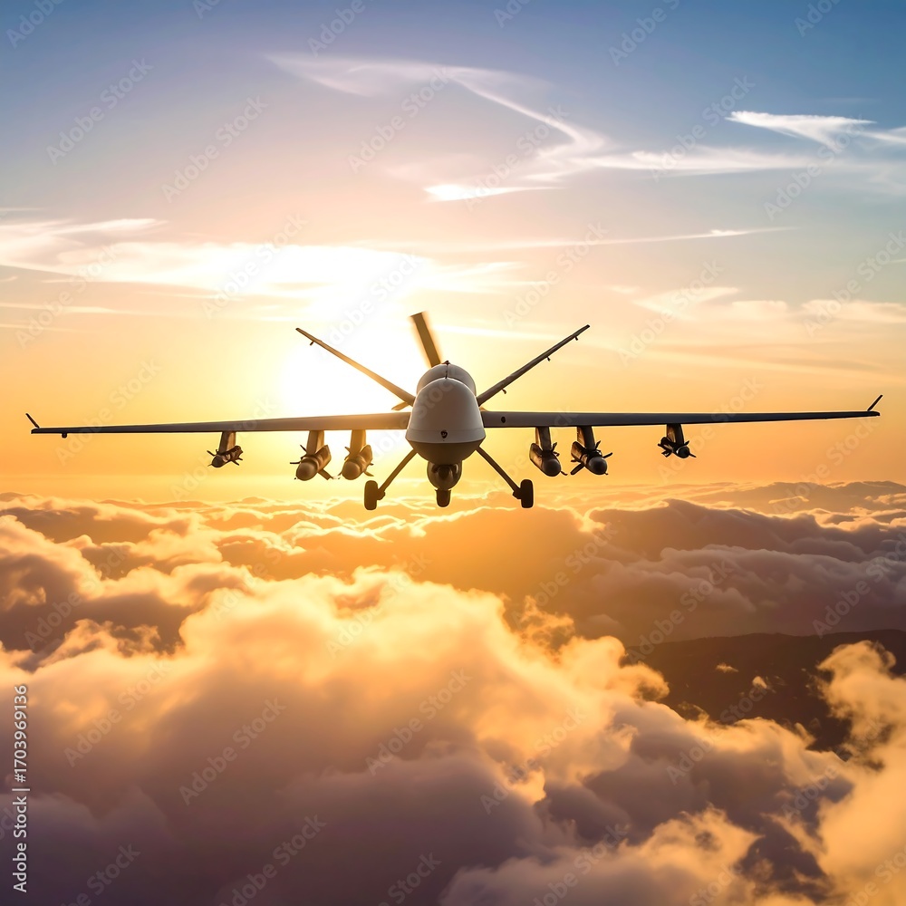 Fototapeta premium Drone aircraft, sunrise, clouds