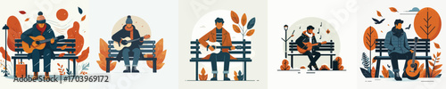 vector man playing guitar on park bench in autumn