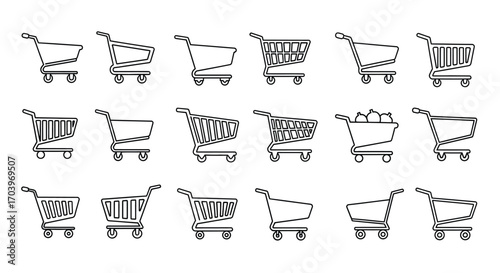 Collection of hand drawn shopping cart icons representing various sizes and styles for retail vector