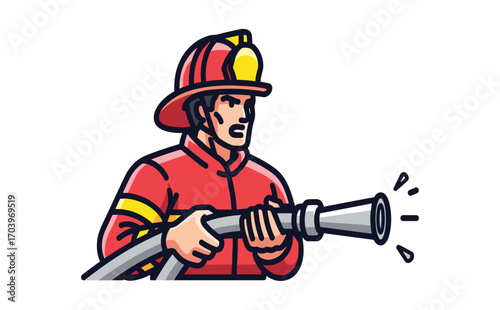 Brave Firefighter in Action Using Hose to Extinguish Flames