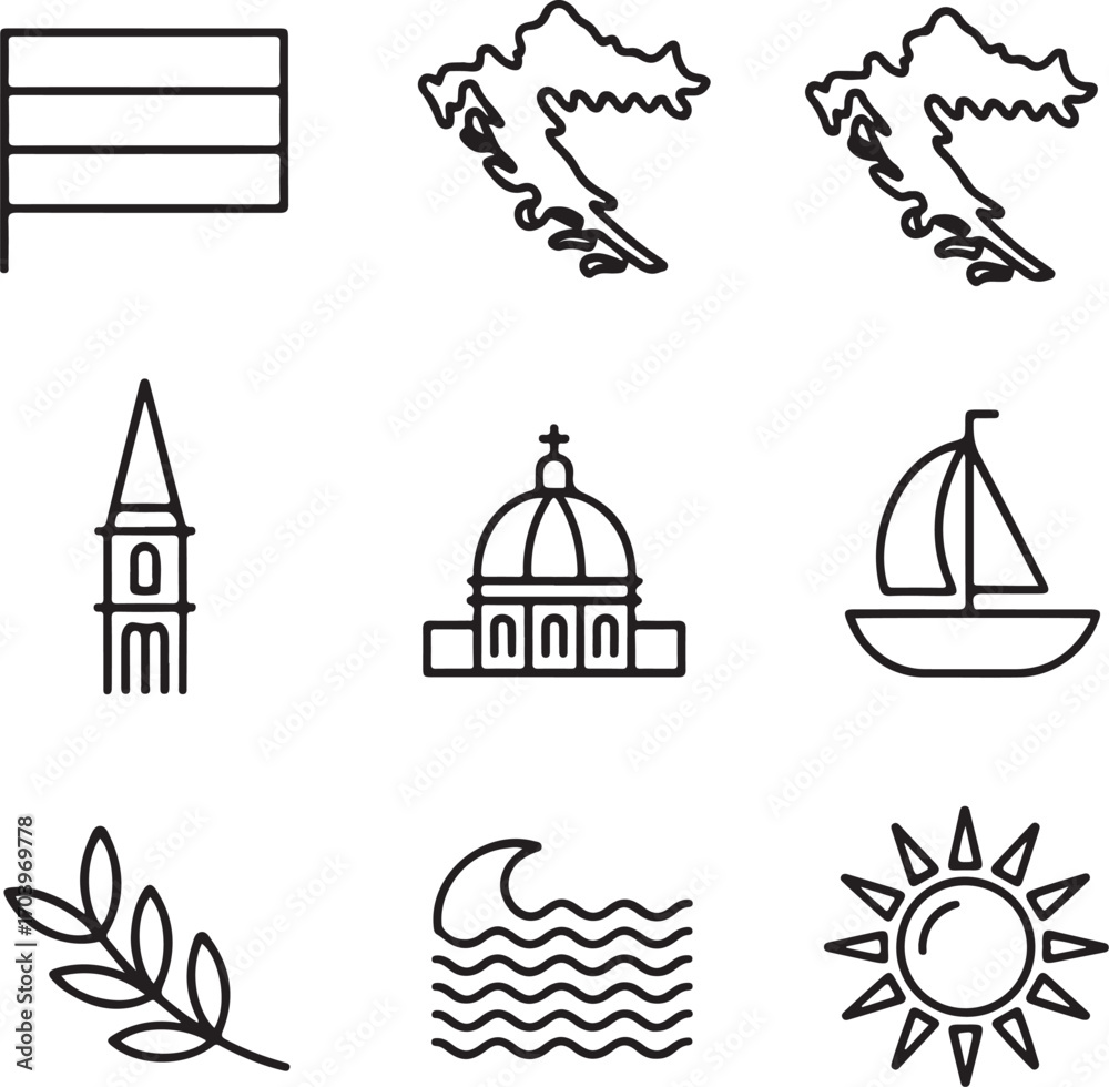 Naklejka premium Croatia National Symbols Outline Icons Set Flag, Map, Checkerboard, Cathedral, Sailboat, Olive Branch, Waves, and Cultural Heritage Vector Pack
