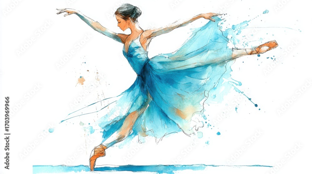 Fototapeta premium A skilled ballerina dances elegantly, embodying grace and strength. Dressed in a flowing blue dress, she performs a pirouette, surrounded by artistic color splashes.