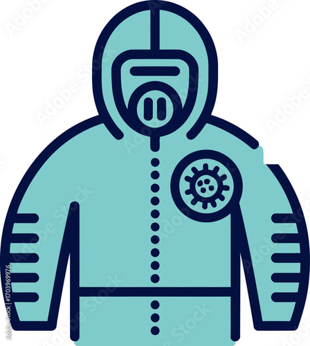 Person in protective suit with virus symbol, representing health and safety measures
