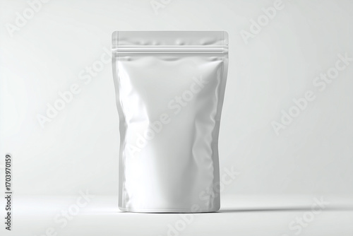 Front view mockup of a plain white stand-up pouch packaging, isolated on white background, perfect for food, snack, coffee, or product branding presentation.Front view mockup of a plain white stand-up