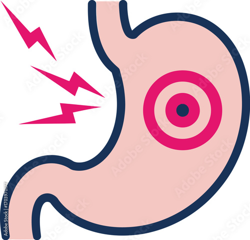 Illustration of stomach pain and discomfort with radiating pain signals.