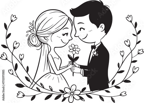 Joyful Union: An elegant illustration of a couple, bathed in a floral embrace, symbolizes love's eternal bond.
