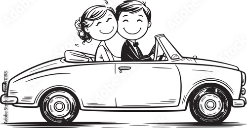 Wedding Drive Away: A newlywed couple embarks on their shared future, seated in a vintage car. It illustrates the joy and excitement of the beginning, ready to start their journey.