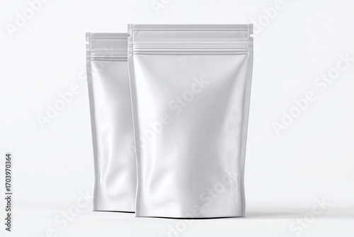 Front view mockup of a plain white stand-up pouch packaging, isolated on white background, perfect for food, snack, coffee, or product branding presentation.Front view mockup of a plain white stand-up