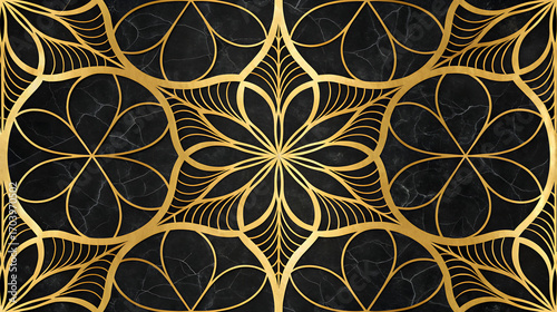 Gold geometric floral pattern on black marble texture 3
