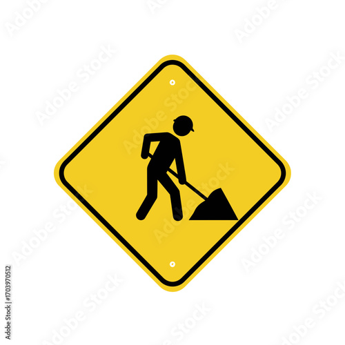 Construction Zone Warning Sign – Worker with Shovel Silhouette on Yellow Diamond