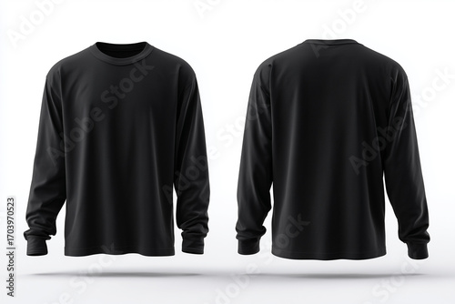 Mockup of a plain black short sleeve t-shirt front and back view, isolated on white studio background, perfect for apparel design and fashion showcase