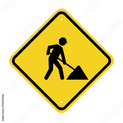 Construction Zone Warning Sign – Worker with Shovel Silhouette on Yellow Diamond