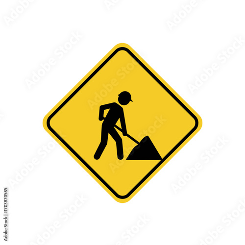 Construction Zone Warning Sign – Worker with Shovel Silhouette on Yellow Diamond