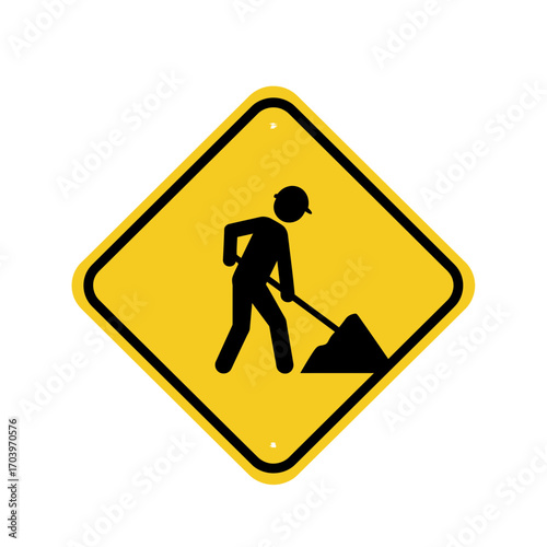 Construction Zone Warning Sign – Worker with Shovel Silhouette on Yellow Diamond