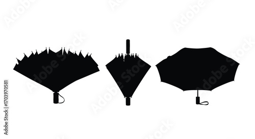 Diverse silhouette collection three open umbrellas and a japanese fan for design vector