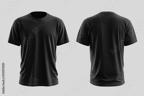Mockup of a plain black short sleeve t-shirt front and back view, isolated on white studio background, perfect for apparel design and fashion showcase