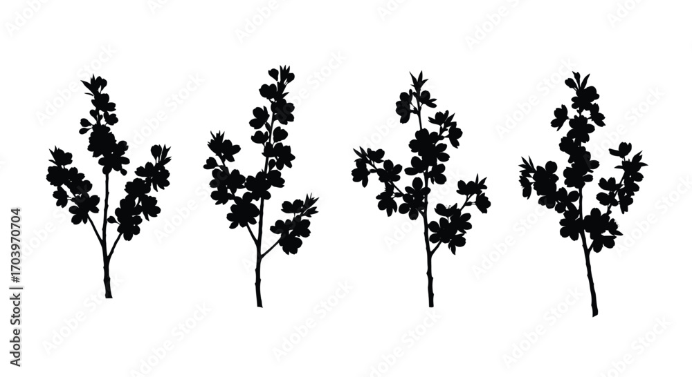 Naklejka premium Set of four black silhouettes of delicate floral branches with leaves and small blooms isolated vector