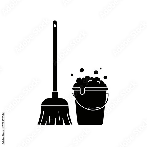 Cleaning Equipment Icon – Mop and Bucket with Soap Bubbles Silhouette