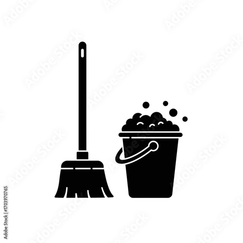 Cleaning Equipment Icon – Mop and Bucket with Soap Bubbles Silhouette