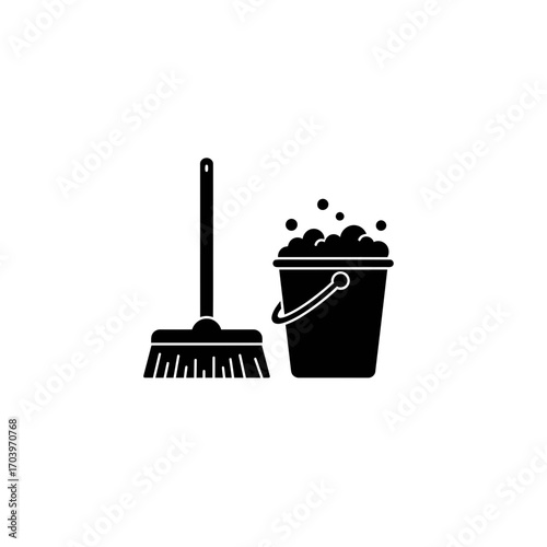 Cleaning Equipment Icon – Mop and Bucket with Soap Bubbles Silhouette