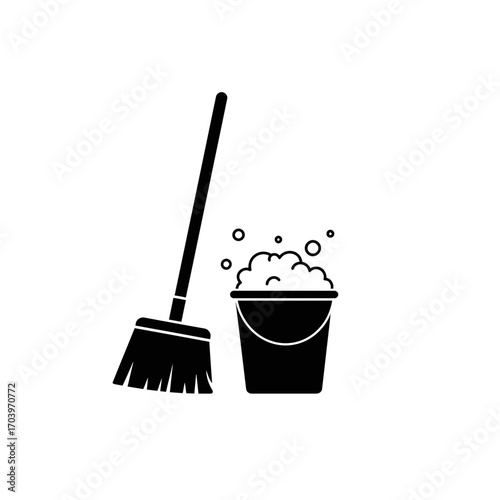 Cleaning Equipment Icon – Mop and Bucket with Soap Bubbles Silhouette