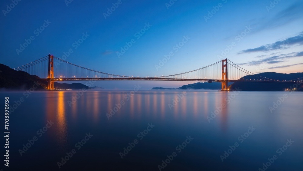 Naklejka premium Puente colgante con delgados cables y majestuosos pilares que brillan suavemente bajo un cielo crepuscular con tonos azules y morados