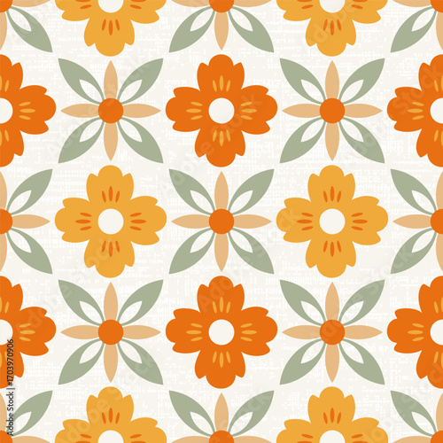 Orange flowers with leaves, Muted vintage colors, Seamless floral vector pattern for fabric, textile, wallpapers