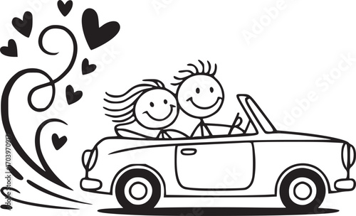 Love's Road Trip: A charming stick-figure couple embarks on a whimsical journey in a convertible, their path adorned with playful hearts symbolizing love and adventure.