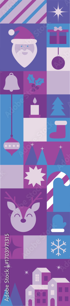 Obraz premium Modern Winter Bauhaus Christmas Vertical Banner with Geometric Holiday Icons in Blue and Purple