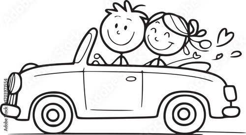 Joyride in Love: A whimsical illustration of a loving couple, embracing the joy of a scenic drive in a classic convertible, filled with smiles and expressions of affection.