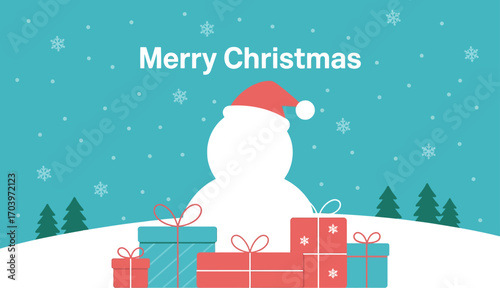 Festive snowman with gifts under a snowy sky, celebrating Christmas joy.