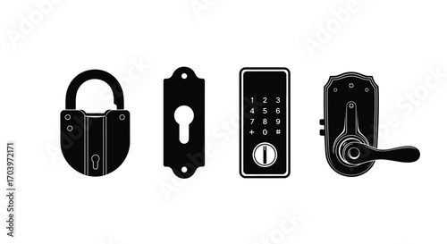 Collection of security hardware four different locks padlock keyhole door lock digital lock handle vector
