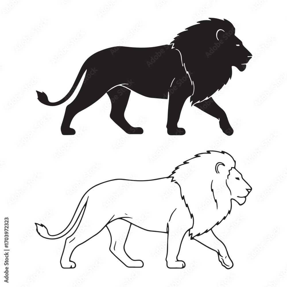 Obraz premium Clean Lion Silhouette & Lion Lineart – Lion Vector Composition with Simplified Shape – Lion Illustration – Silhouette and Lineart Set of Lion