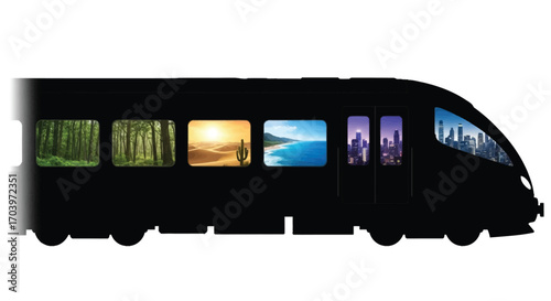 Scenic Train Journey Silhouette Featuring Diverse Landscapes Through Windows Illustration