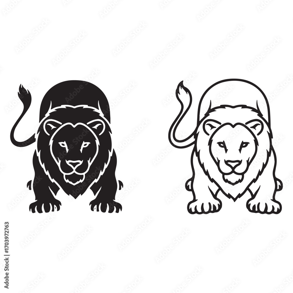 Obraz premium Refined Lion Silhouette & Lion Lineart – Lion Vector Graphic with Elegant Linear Details – Lion Illustration – Silhouette and Lineart Set of Lion