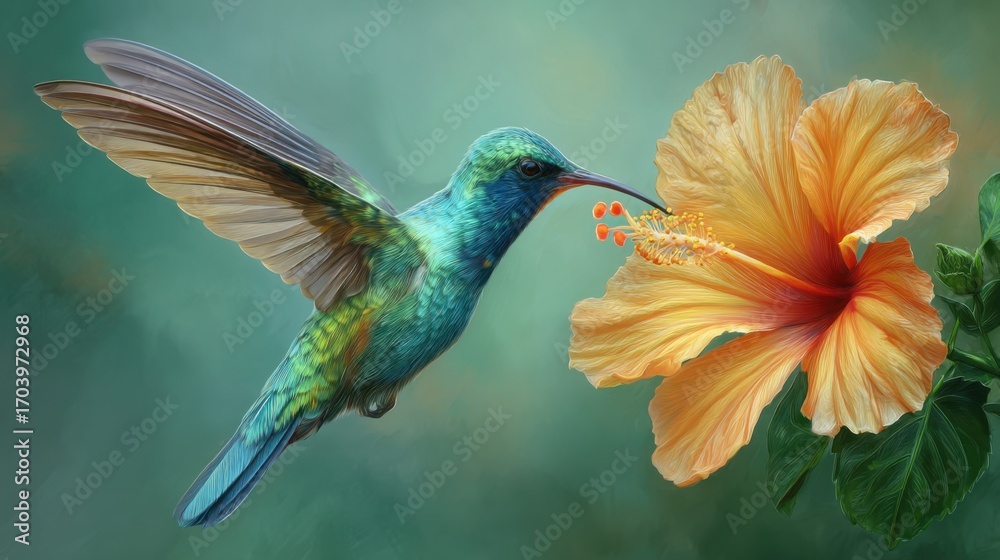 Obraz premium A vivid hummingbird hovers near a bright orange hibiscus flower, extracting nectar while surrounded by greenery in a sunny garden. The moment captures the essence of natures beauty.
