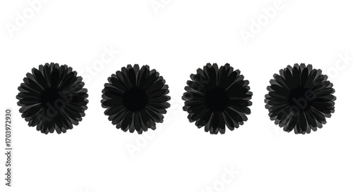 Four black spiky spheres arranged horizontally representing abstract shapes and textures vector