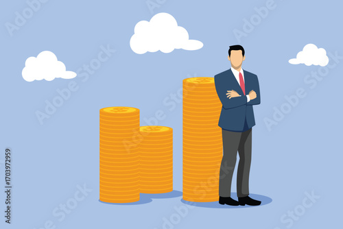 Businessman standing next to and leaning on pile of coins, vector businessman character illustration.