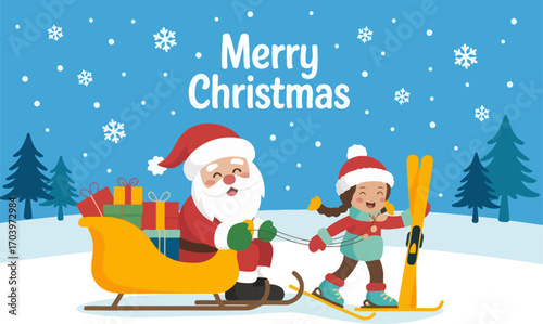 Joyful Santa Claus pulling a child on skis with gifts in a snowy winter landscape