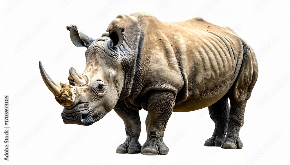 Fototapeta premium Rhinoceros with thick gray skin large horn massive heavy body and powerful wild mammal animal isolated on white background
