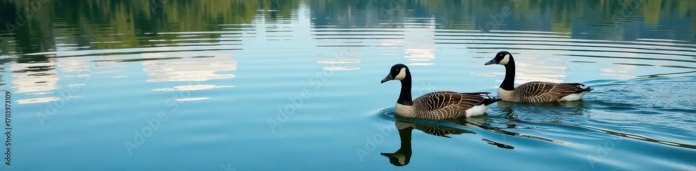 Obraz premium Geese paddling, creating ripples on a calm, clear lake surface , Canada geese, birds