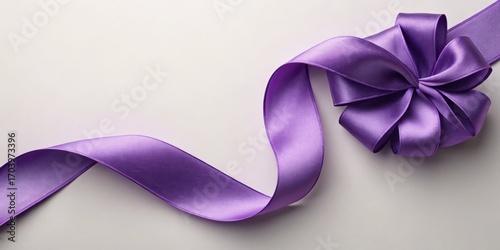A close up of a shiny purple ribbon with a bow on a white surface in soft lighting