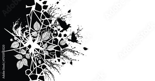 Abstract Shattered Glass with Birds and Leaves Black and White Conceptual Design Element