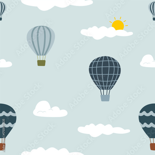 Hot Air Balloon Seamless Pattern with Sky and Cloud Elements