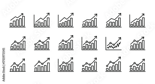 Set of 15 growing bar chart icons with upward trend arrows for business growth and analytics vector