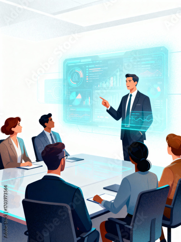 Corporate Officer Presenting Holographic Data in Boardroom