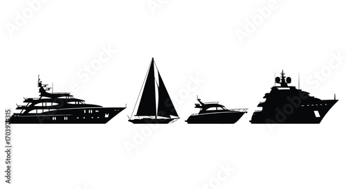 Collection of silhouetted yachts and sailboats on open water for nautical themes vector