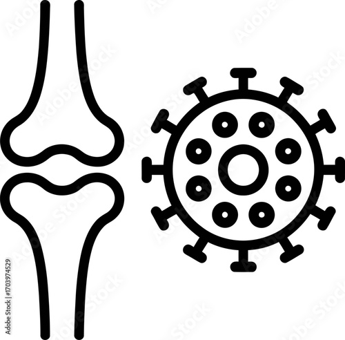 Illustration of a human knee joint next to a coronavirus particle icon