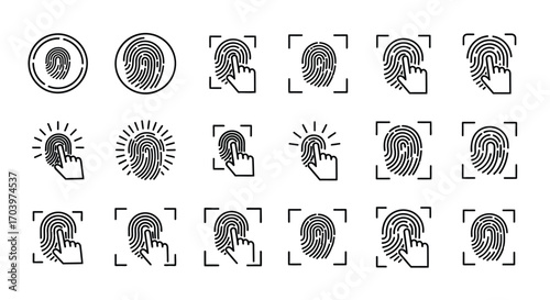 Fingerprint scan icons set for security and authentication digital identity verification process vector